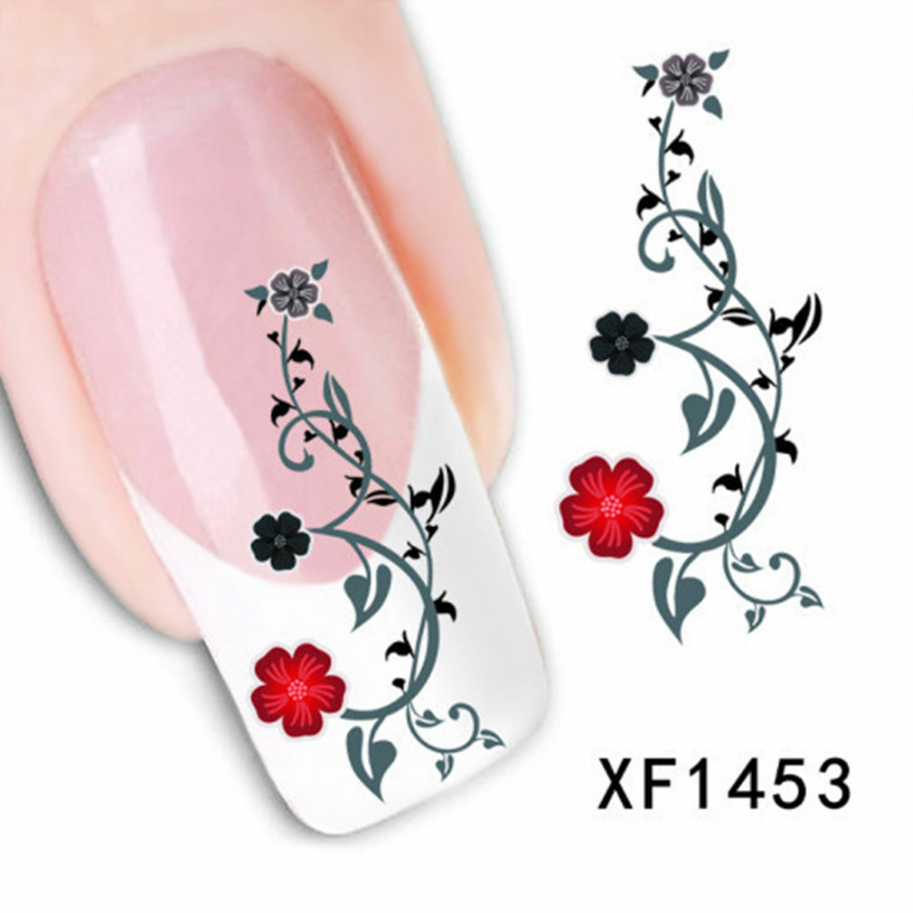 Nail Art Water Transfer Sticker Decal Stickers Pretty Flowers Red Black XF1453