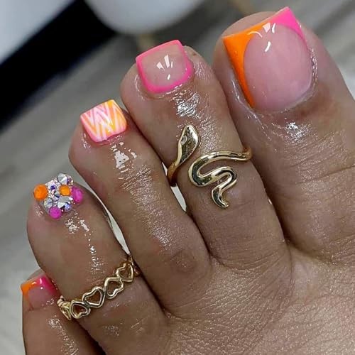 Pink French Tip Press on Toenails Square Short Orange Fake Toe Nails Summer