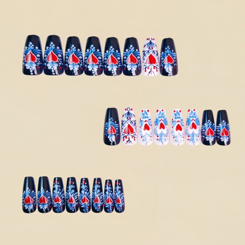 48 Pcs of Valentine’s Day Blue Heart-shaped Long Ballet Nail Fashion Fake Nail