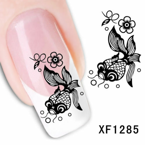 Nail Art Water Transfer Sticker Decal Stickers Pretty Fish Black XF1285