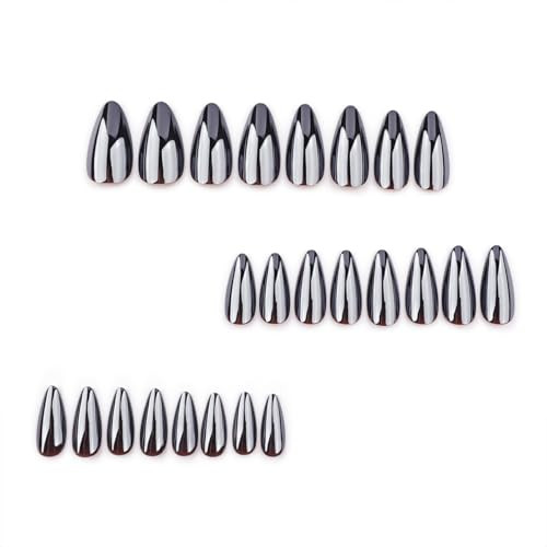 24Pcs Almond Press on Nails Medium Fake Nails Black Aurora Acrylic False Nails