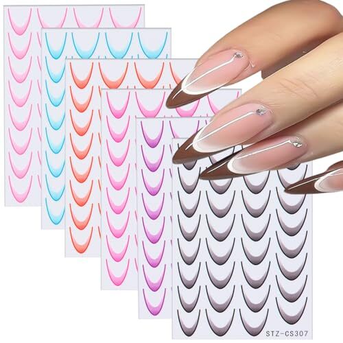 6 Sheets French Colorful Nail Art Stickers 3D Self-Adhesive Lines Gradient