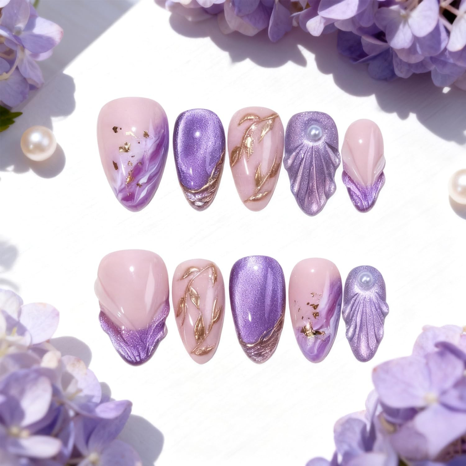 30Pcs Purple French Press on Nails Medium Almond Fake Nails with 3D Pearls Desig
