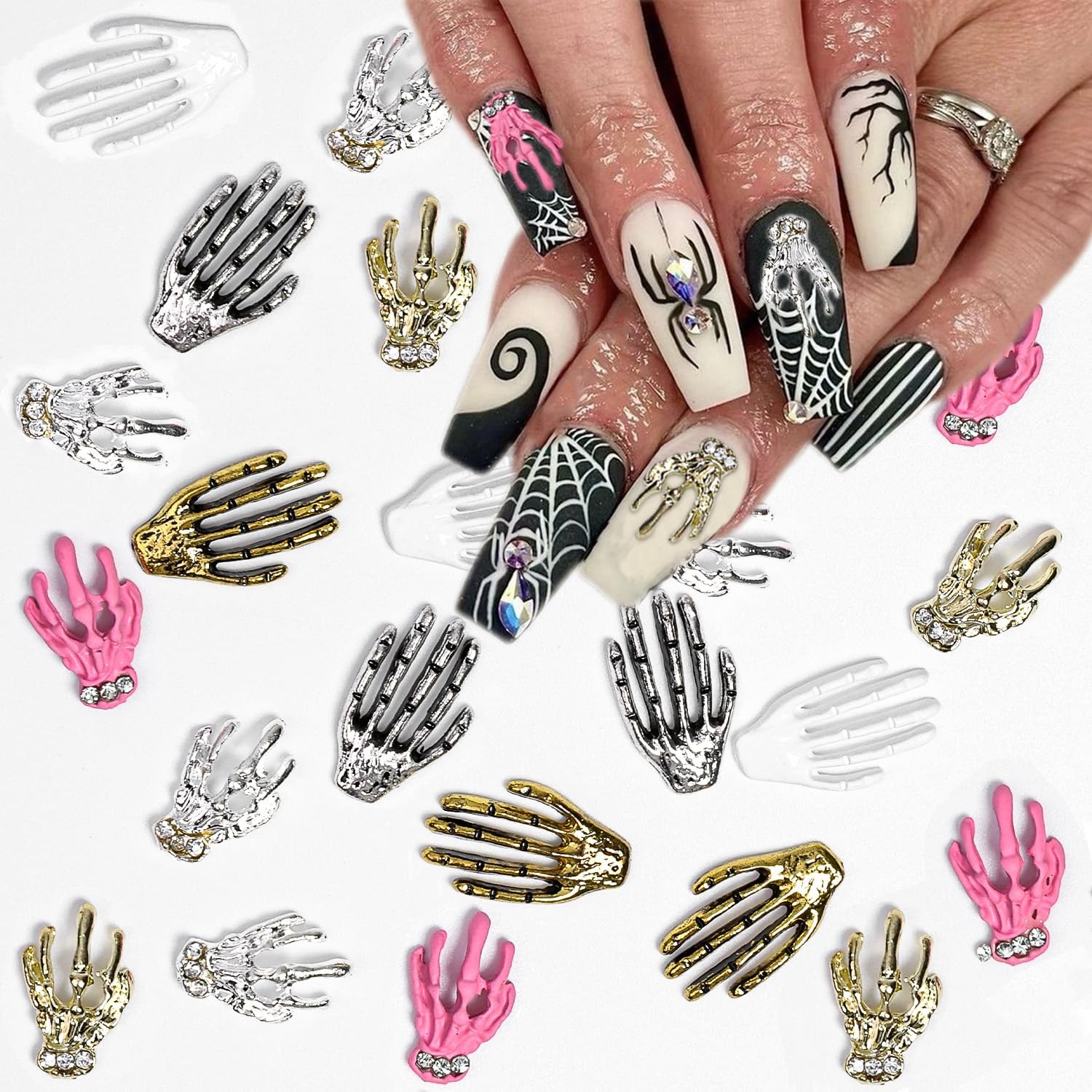 18Pcs Halloween Hand Skeleton Nail Charms 3D Gold Silver Red Skull Alloy Nail…