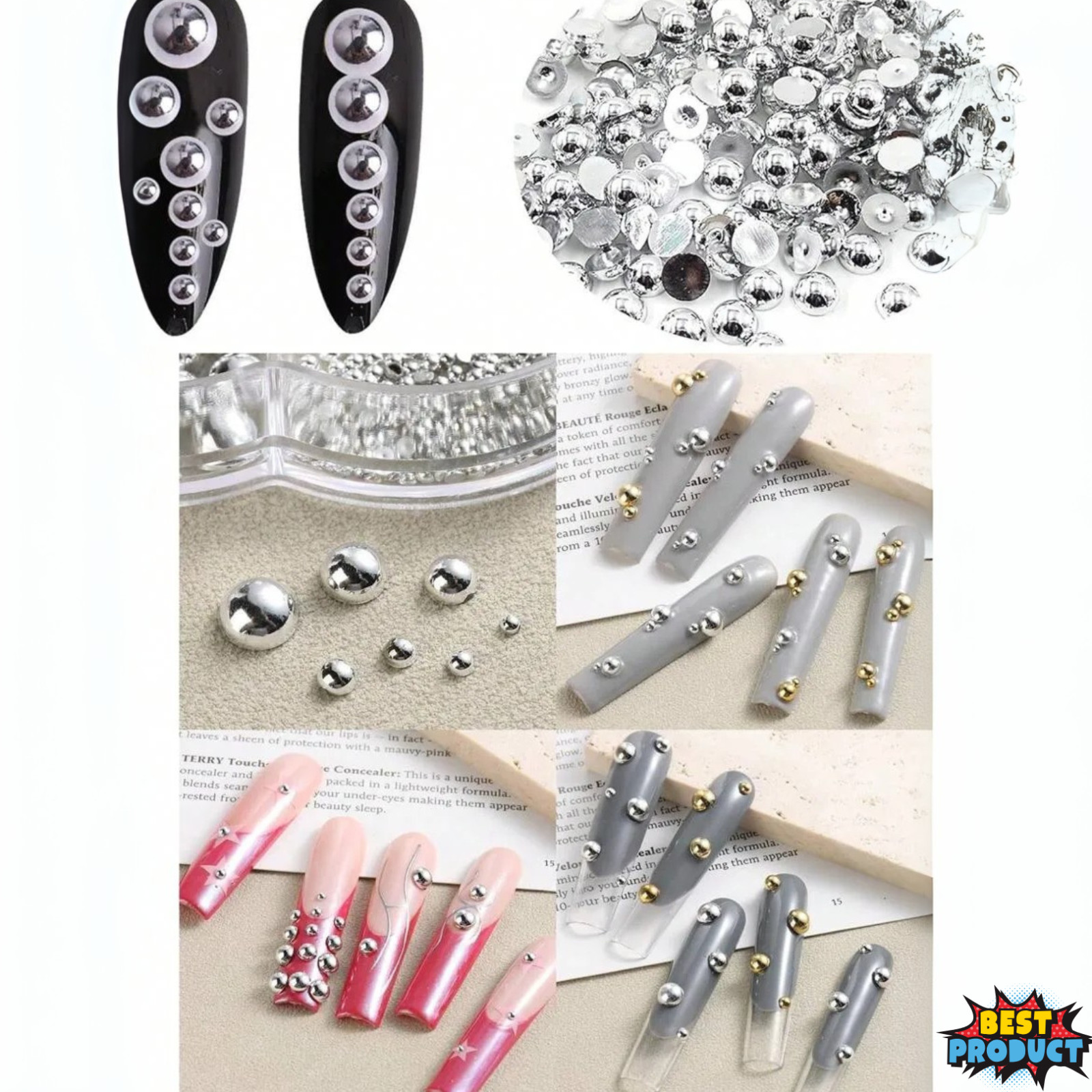Nail Pearls 12 Grids Half Round Flat-Back Metallic DIY Nail Faux Beads for Women