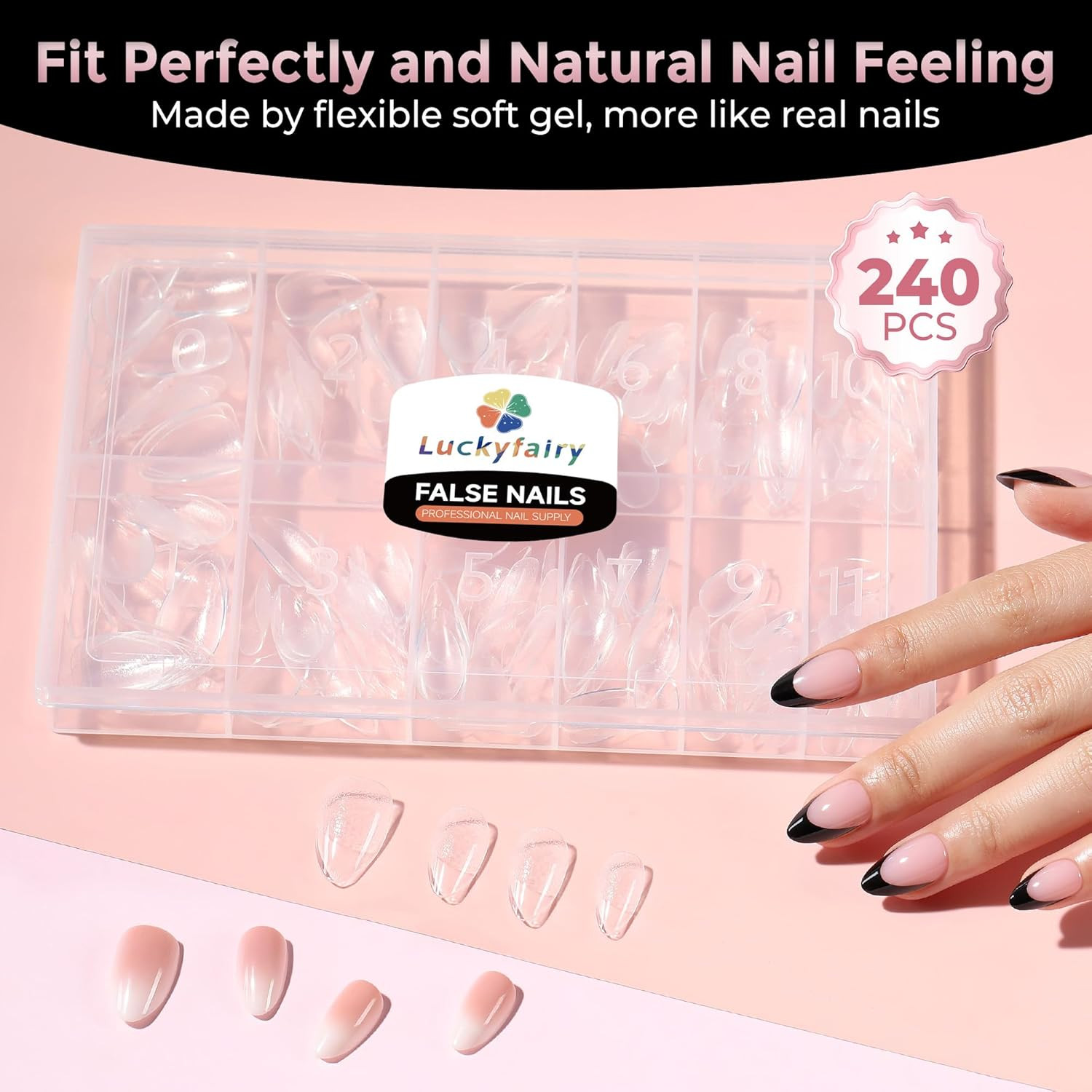 Short Almond Nail Tips, 240Pcs Soft Nail Gel Tips Pre-Shaped Acrylic Fake Nails,