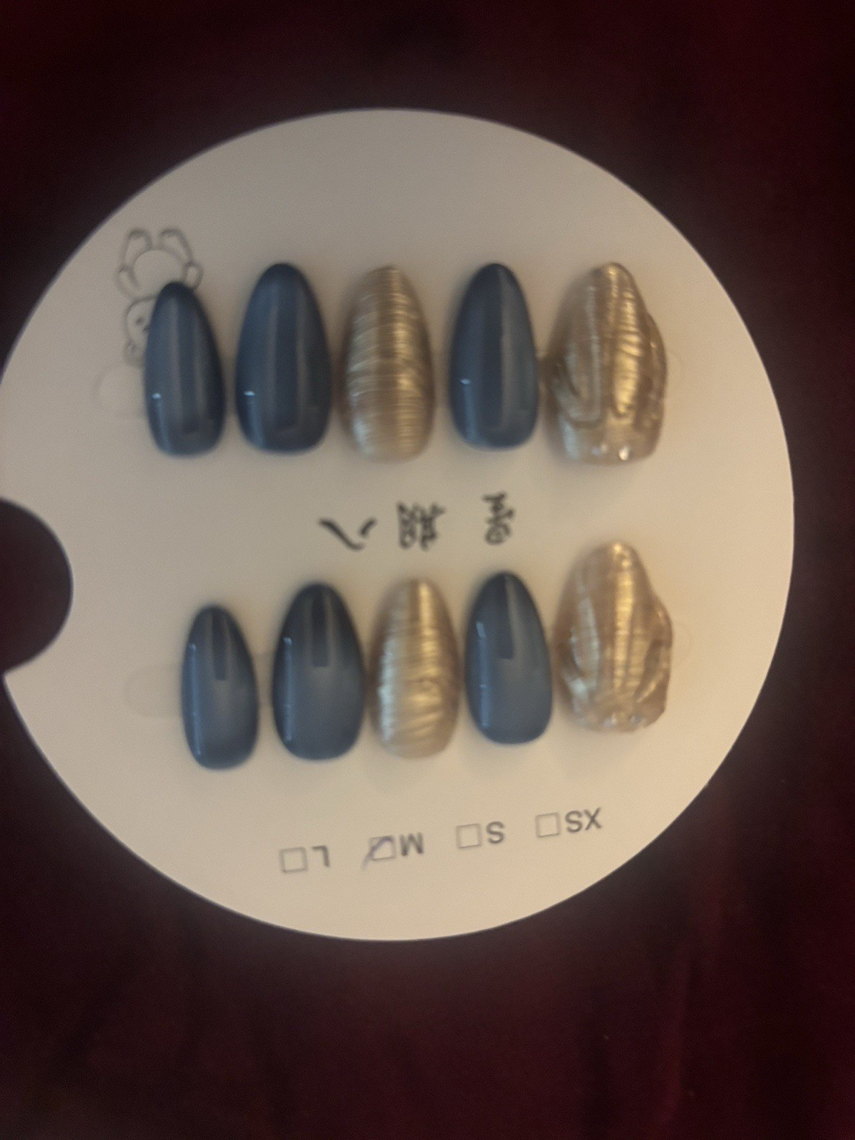 Press-On Nails Set Blue/Gold Shiny Pre-Designed Almond Full Cover Nail Art