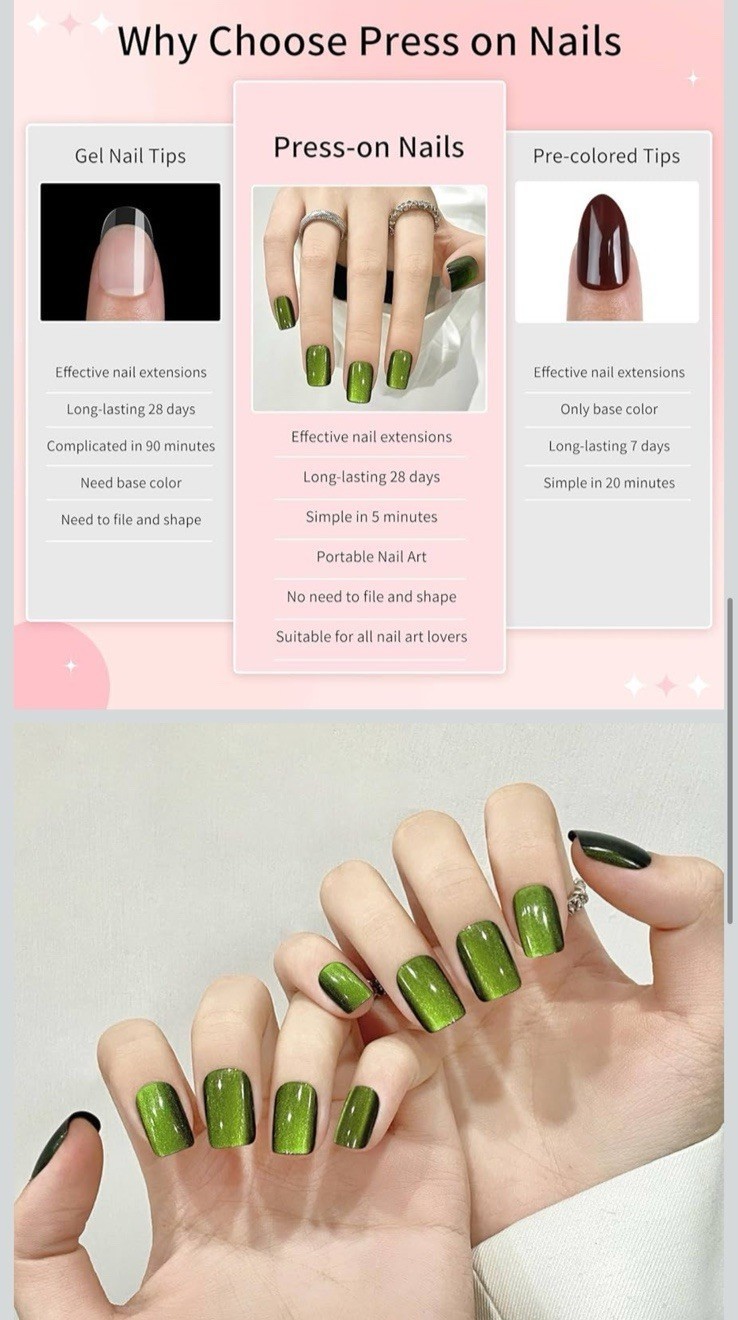 SKYCLOUD Green Cat Eye Gel Press On Nails Full Cover Tips Reusable SemiCured DIY