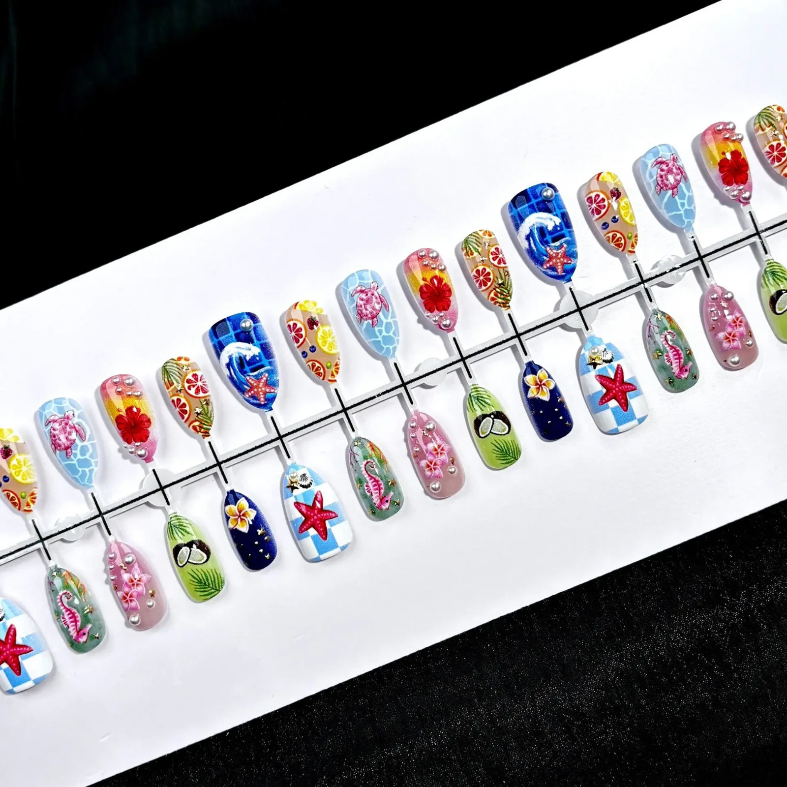 24PCS Summer Beach Press On Nails Almond Starfish Turtle Tropical Fake Nails