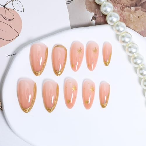 24Pcs Gold French Tip Press on Nails Almond Short Fake French Tip Nails-20