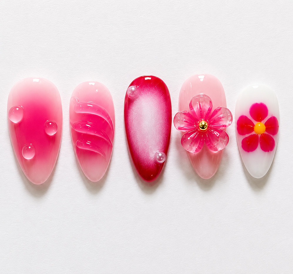 24Pcs Middle Length Pink White French Press On Nails 3D Pearl Almond
