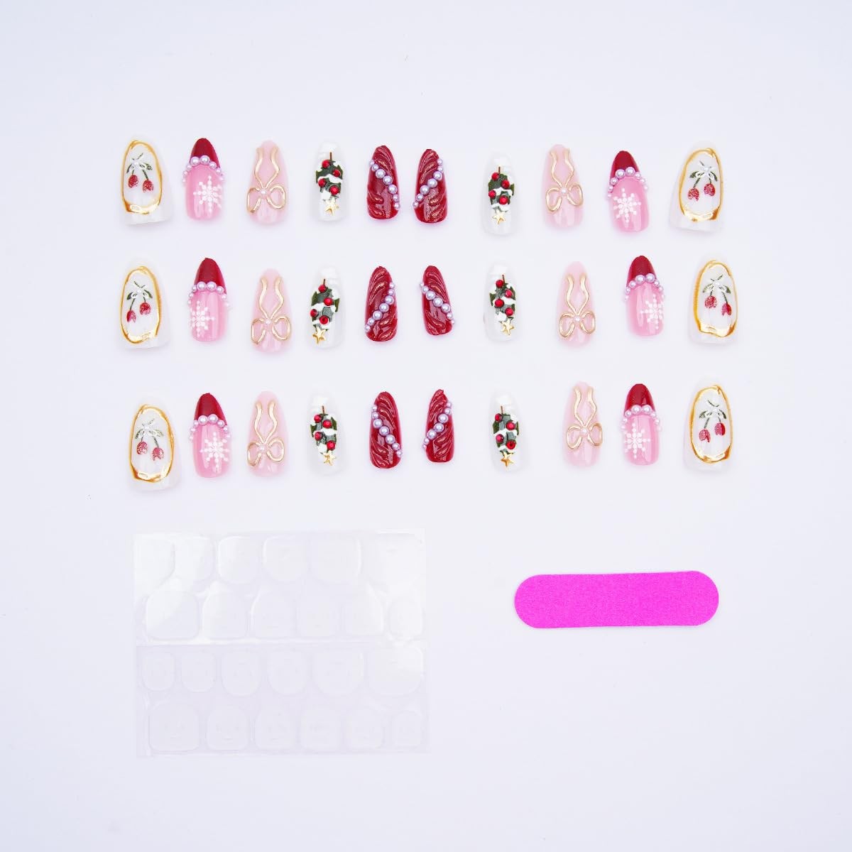 30Pcs Christmas Press on Nails Medium Almond Fake Red French Multicolor