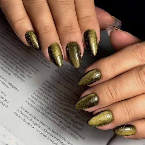 Cat Eye Press On Nails Almond – Gold to Black Press On Nails cateye black gold