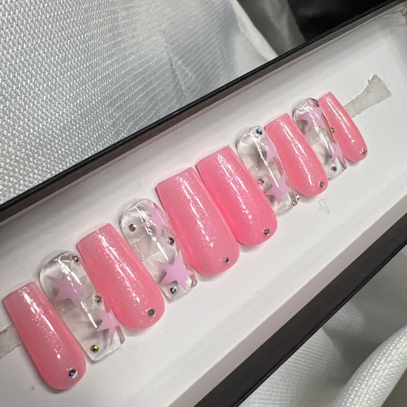 🔥 CUSTOM Gel Press On Nails, LIGHT PINK WHITE W BLING 10p FULL SET W Kit