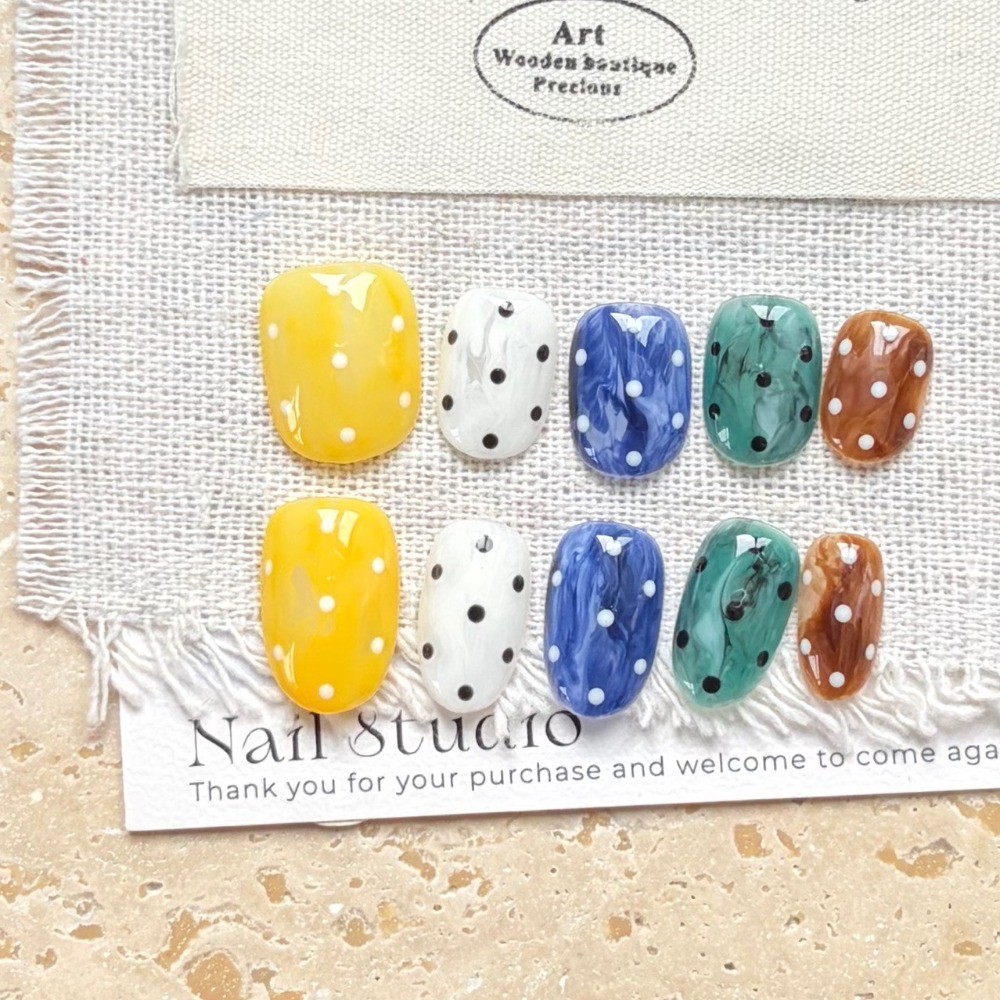 Short Square Oval Swirl Polka Dot Nails Fashion Art Style Reusable Manicure