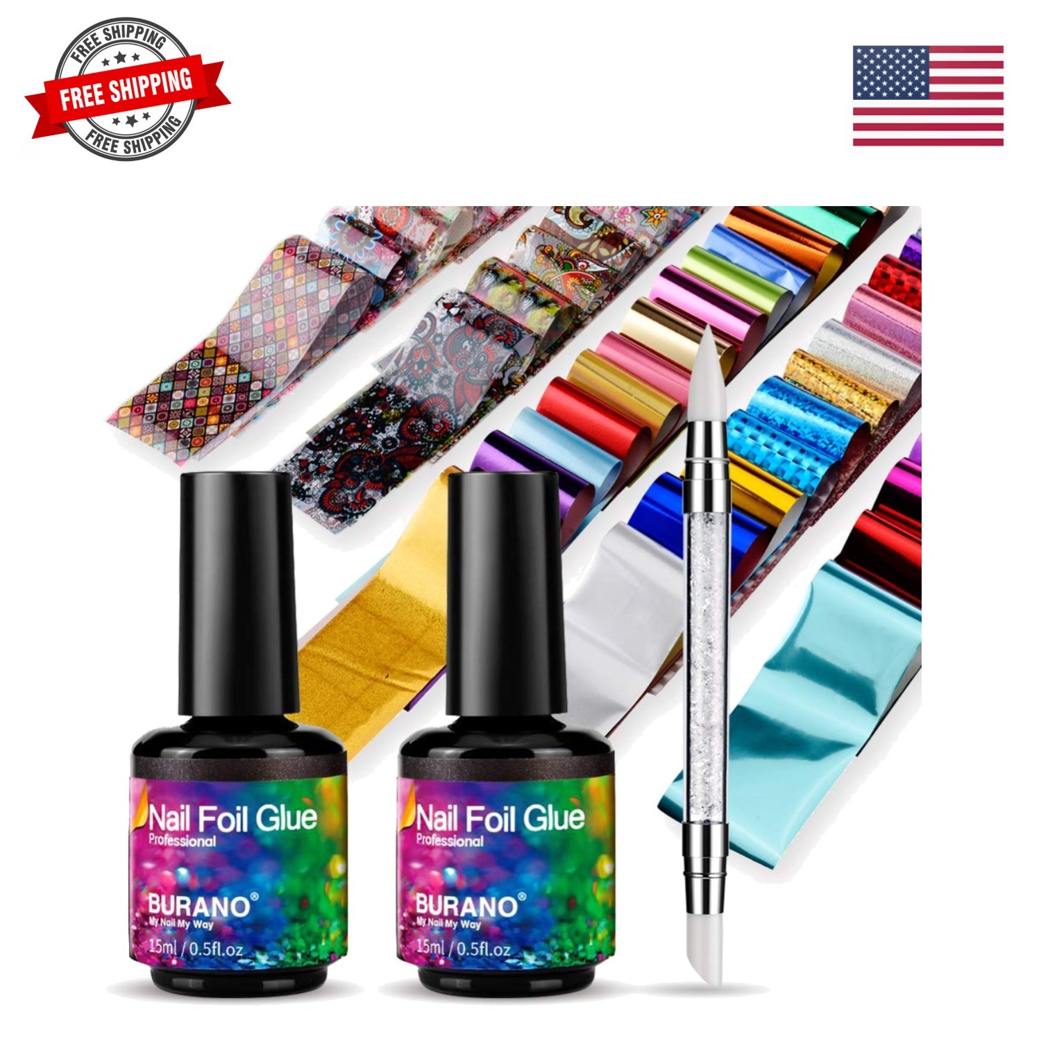 Nail Art Foil Glue Gel, 5ML 2 Bottles with 60PCS Foils Sticker, Nails Designe…