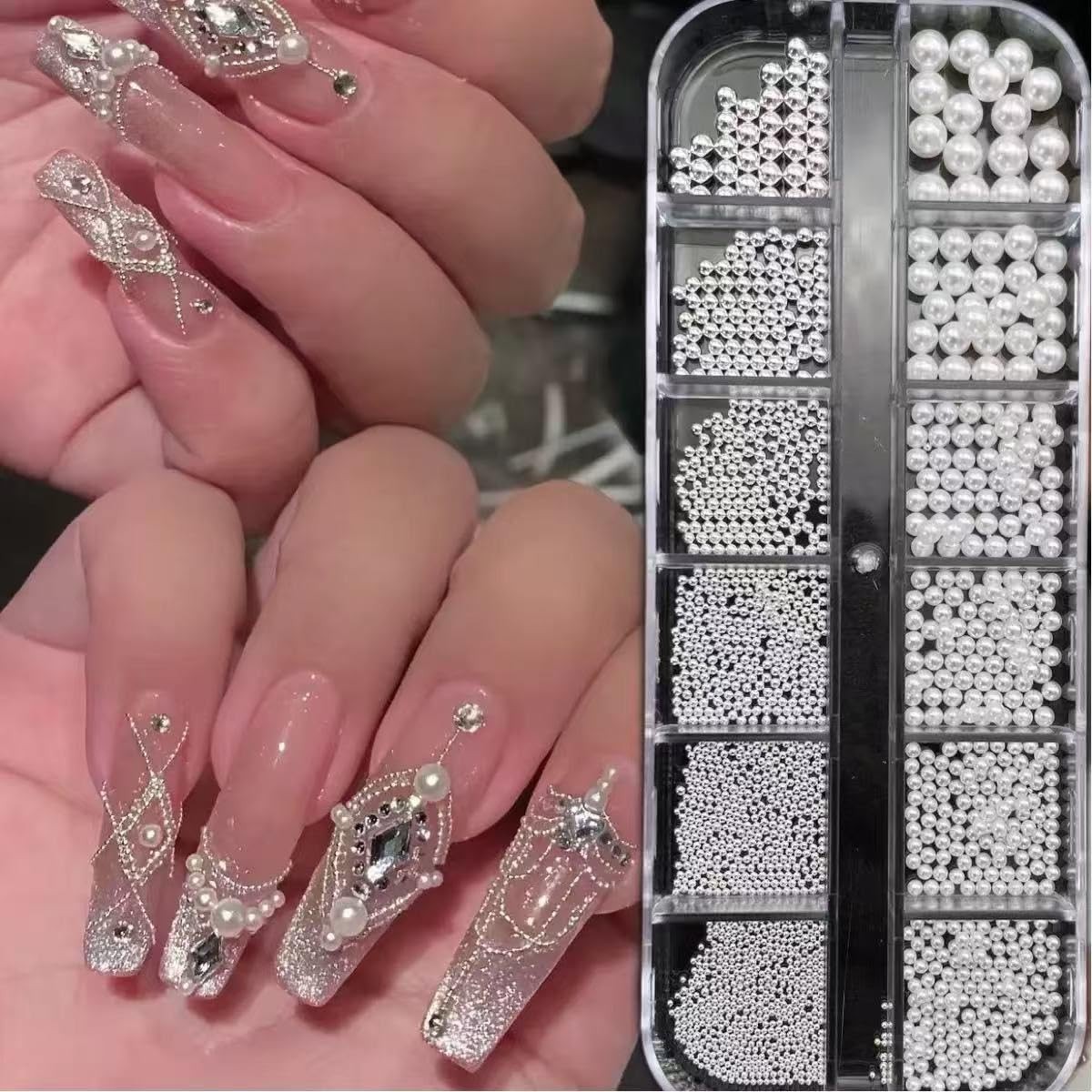 2 Boxes Flatback Pearls (White+Beige) and Silver+Gold Nail Beads for Nail Art…