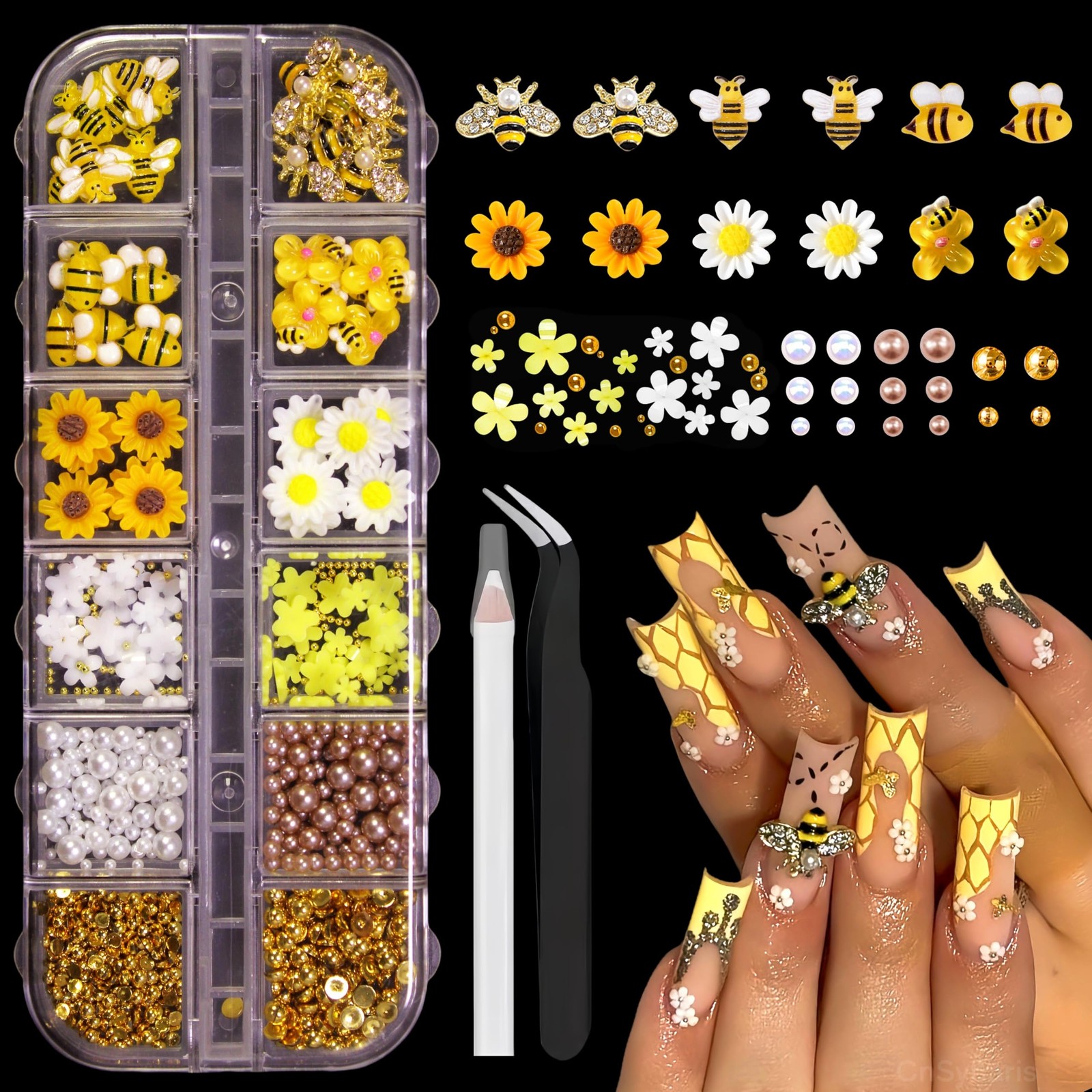 12 Grids Tiny Bee Nail Art Charms Resin Cartoon Daisy Flower Nail Gems 3D Gol…