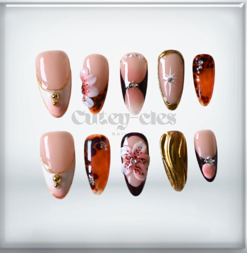 Goddess-Inspired 3D Floral & Tortoiseshell Press-On Nails – Luxe Almond Nails