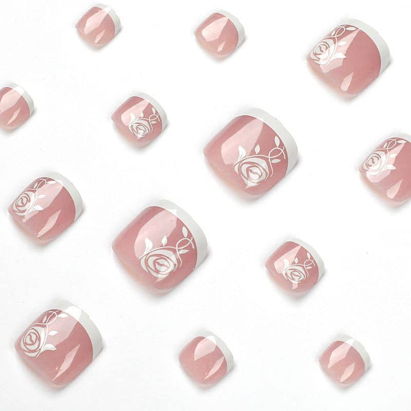 French Tip Press on Toenails Nude Square Fake Toenails with White Rose Flower…