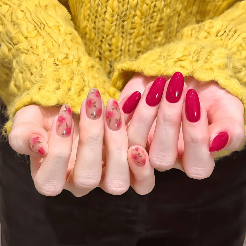 60pcs Almond Press on Nails, Wine Red Solid Blush Rose Floral Glossy Nails