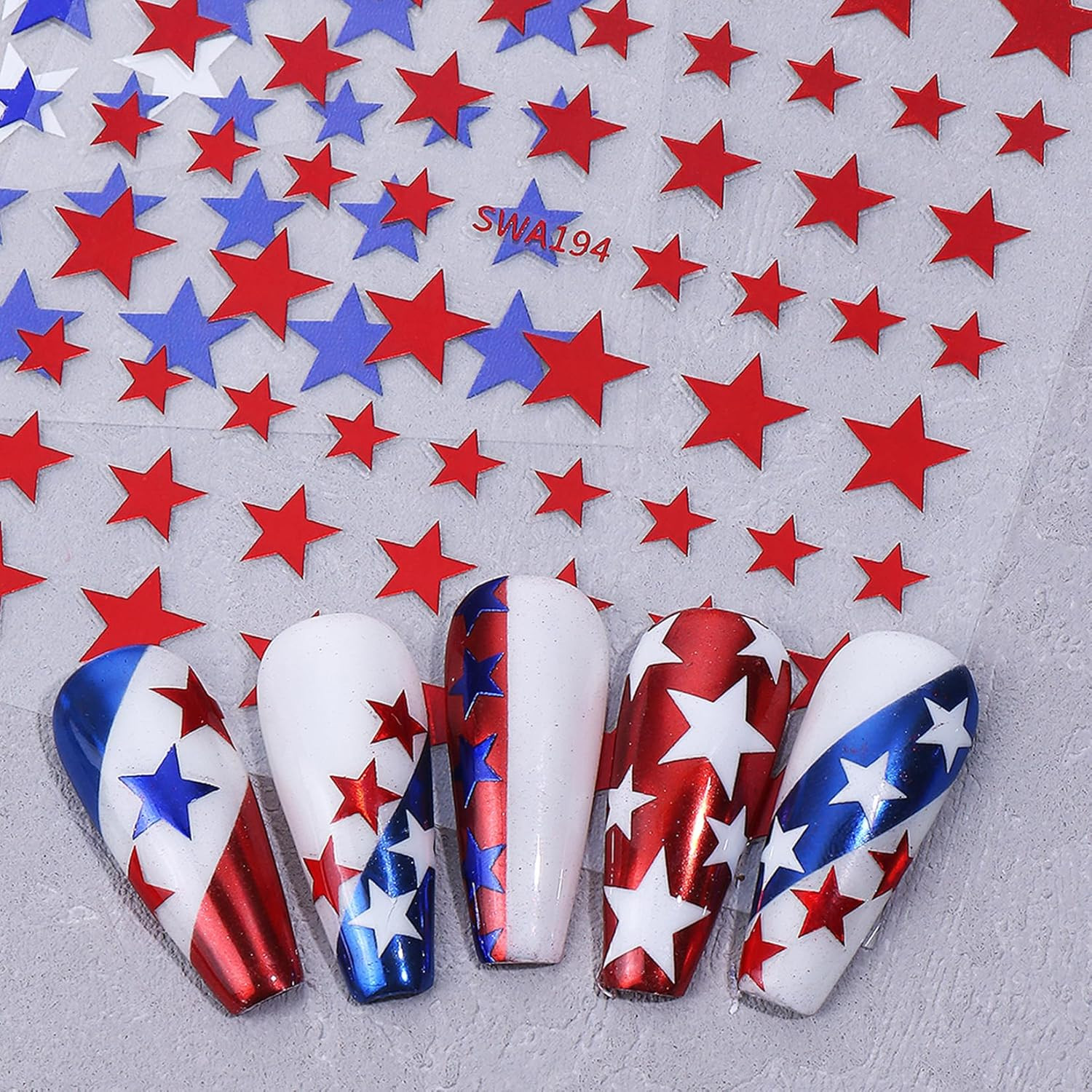 Independence Day Star Nail Art Stickers 12PCS Red White Blue Self Adhesive Nail
