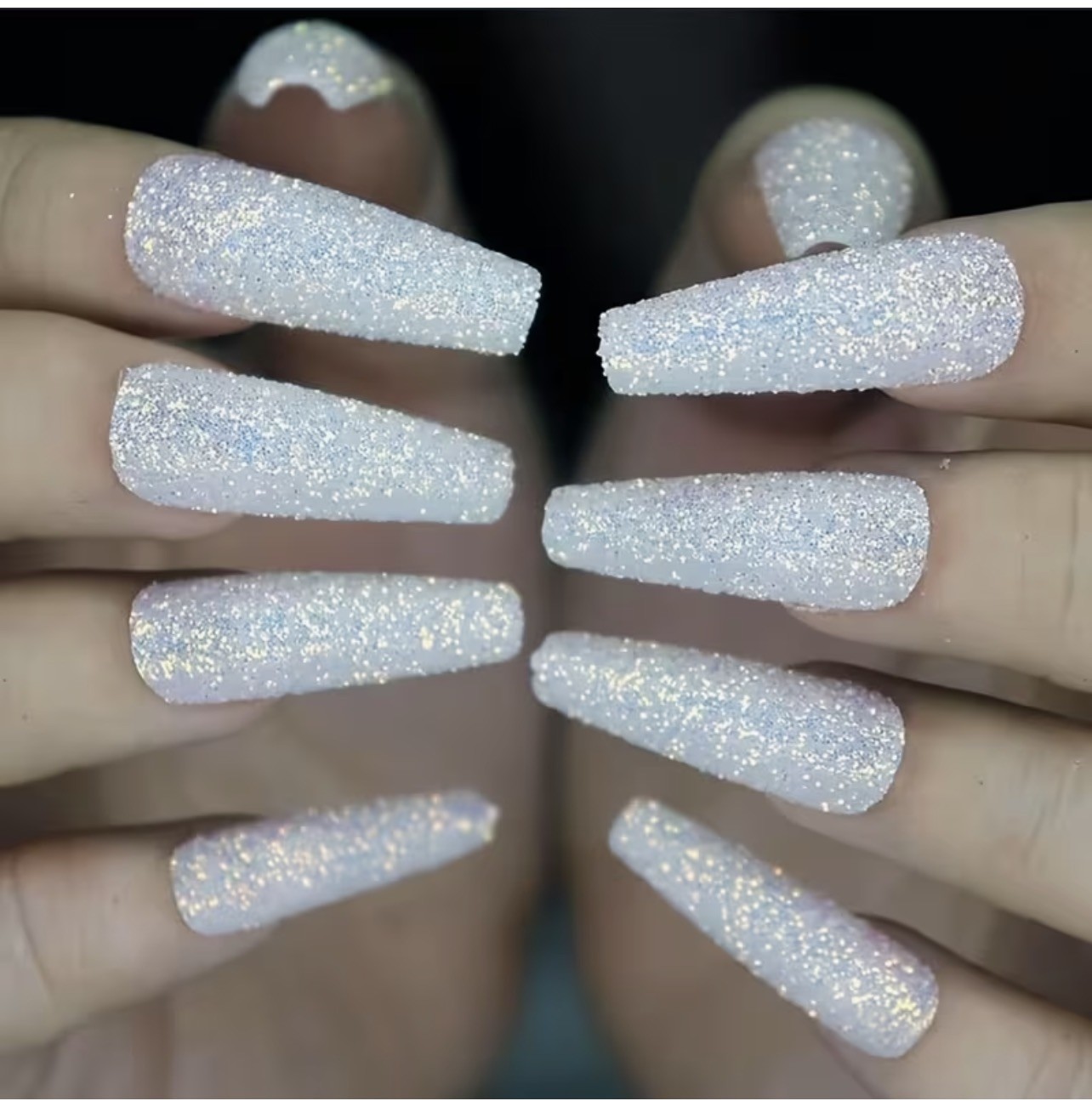 Sparkly 24pcs White Long Coffin Fake Press On Acrylic Nails NIB