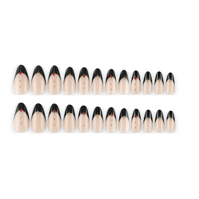 48Pcs-Halloween Long Almond Black French Gem Press on Nails Nude Fake Nails