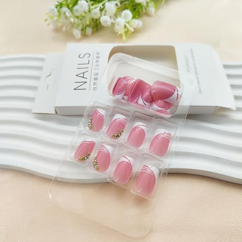 White French Tip Press on Nails Short Square Fake White French Tip Cute Pink
