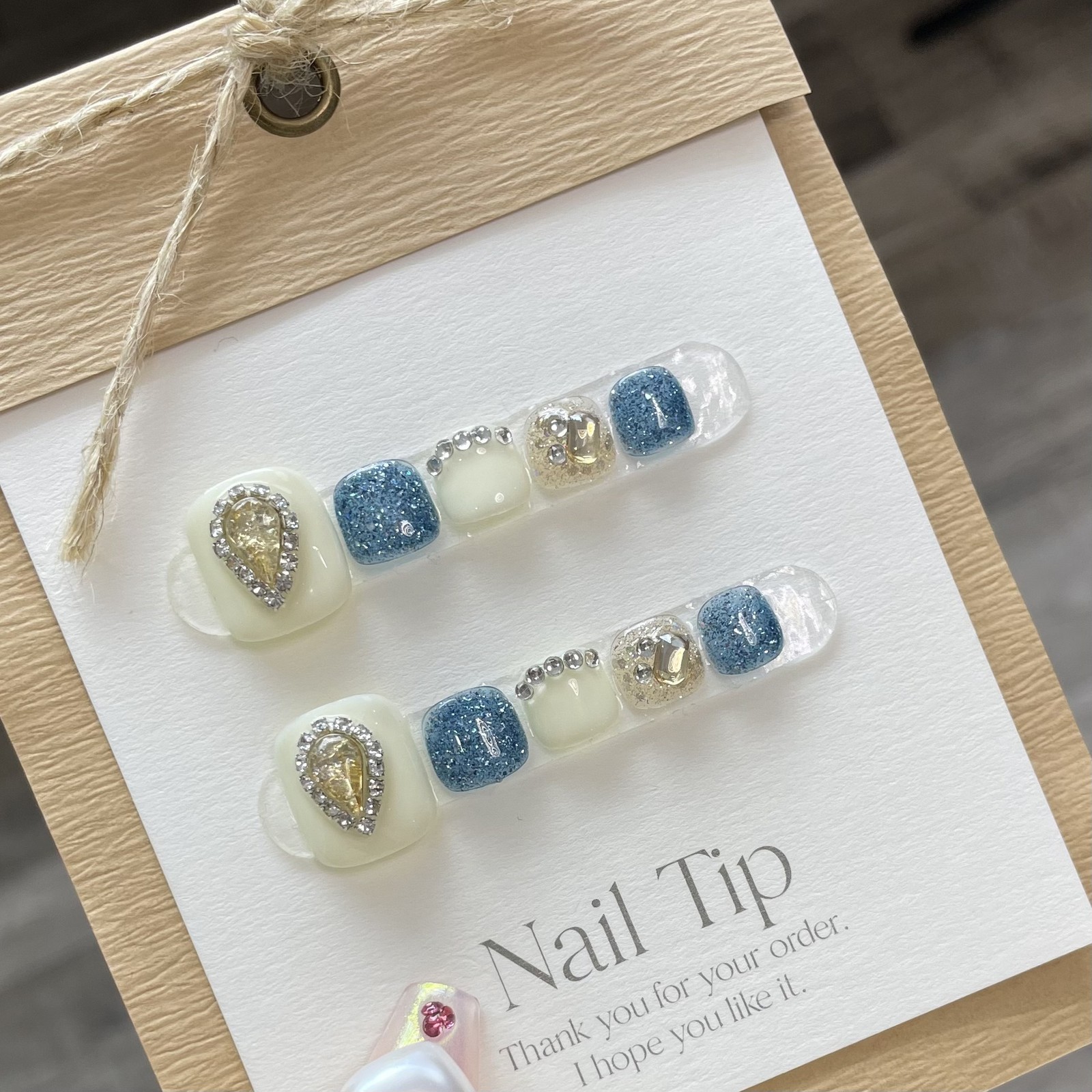10Pcs White Blue Water Drop French toenails Press On Nails Waterproof For Travel