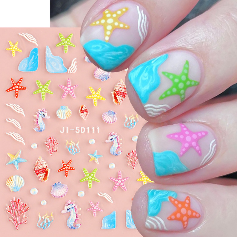 Summer Ocean Dolphin Shell Star Footprint Stickers 5D Embossed Nail Art Decals