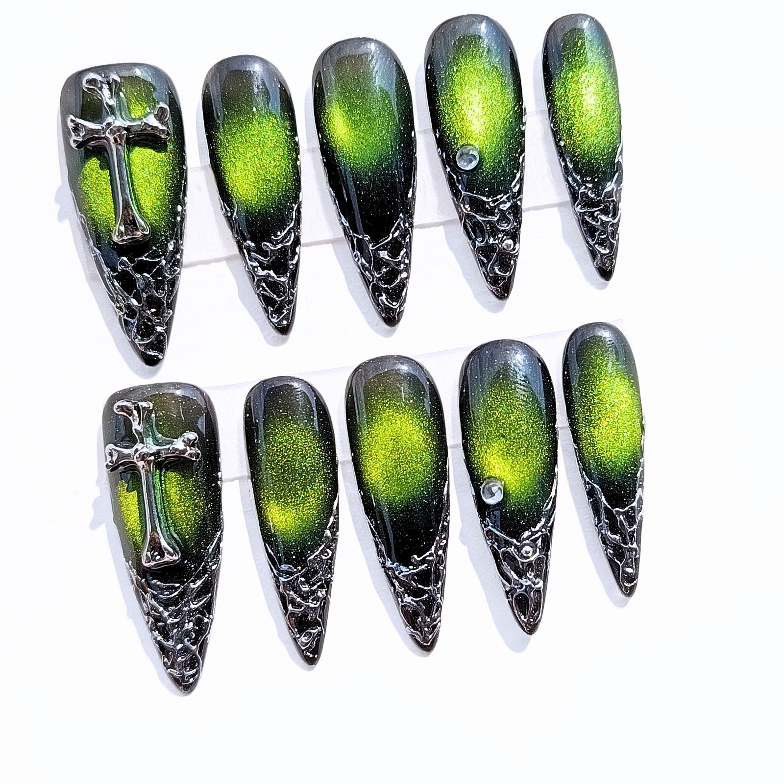 Green Cat Eye Gothic Cross Press-On Nails Stiletto Handmade