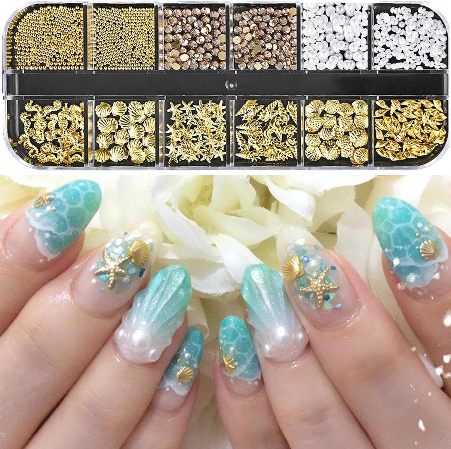 12Grids Summer Metal Nail Art Charms 3D Gold Starfish Shell Conch Nail Charms Sp
