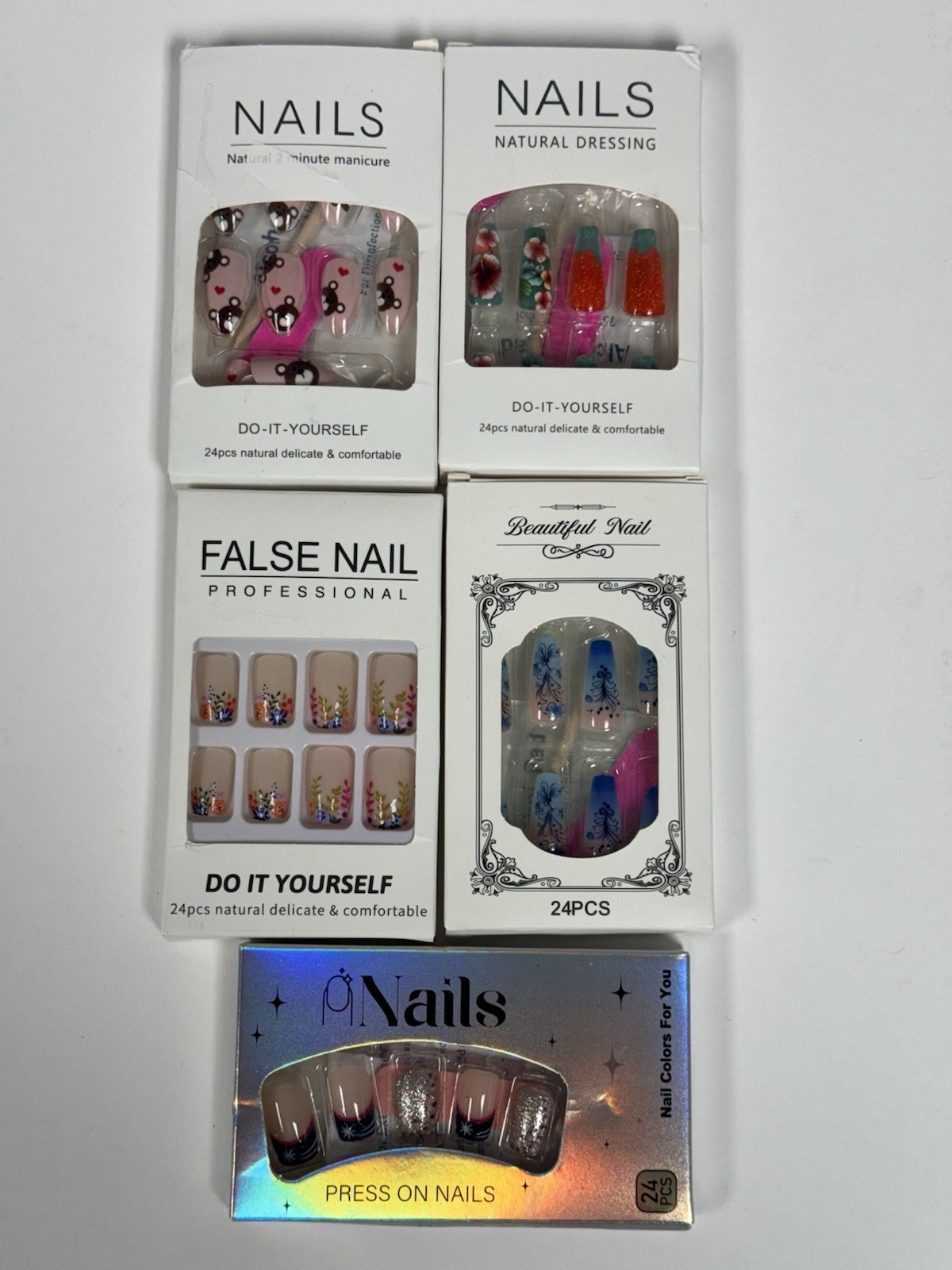 Lot Of 5 Packs Misc PRESS On Nails Press on Manicure 24 Nails ea pkg