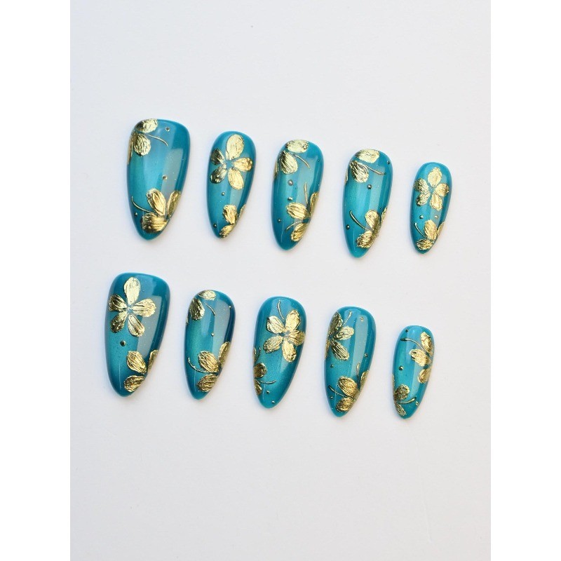 Custom Pure Handmade Nails Lake Blue Cat Eye Gold Flower Chinese Manicure