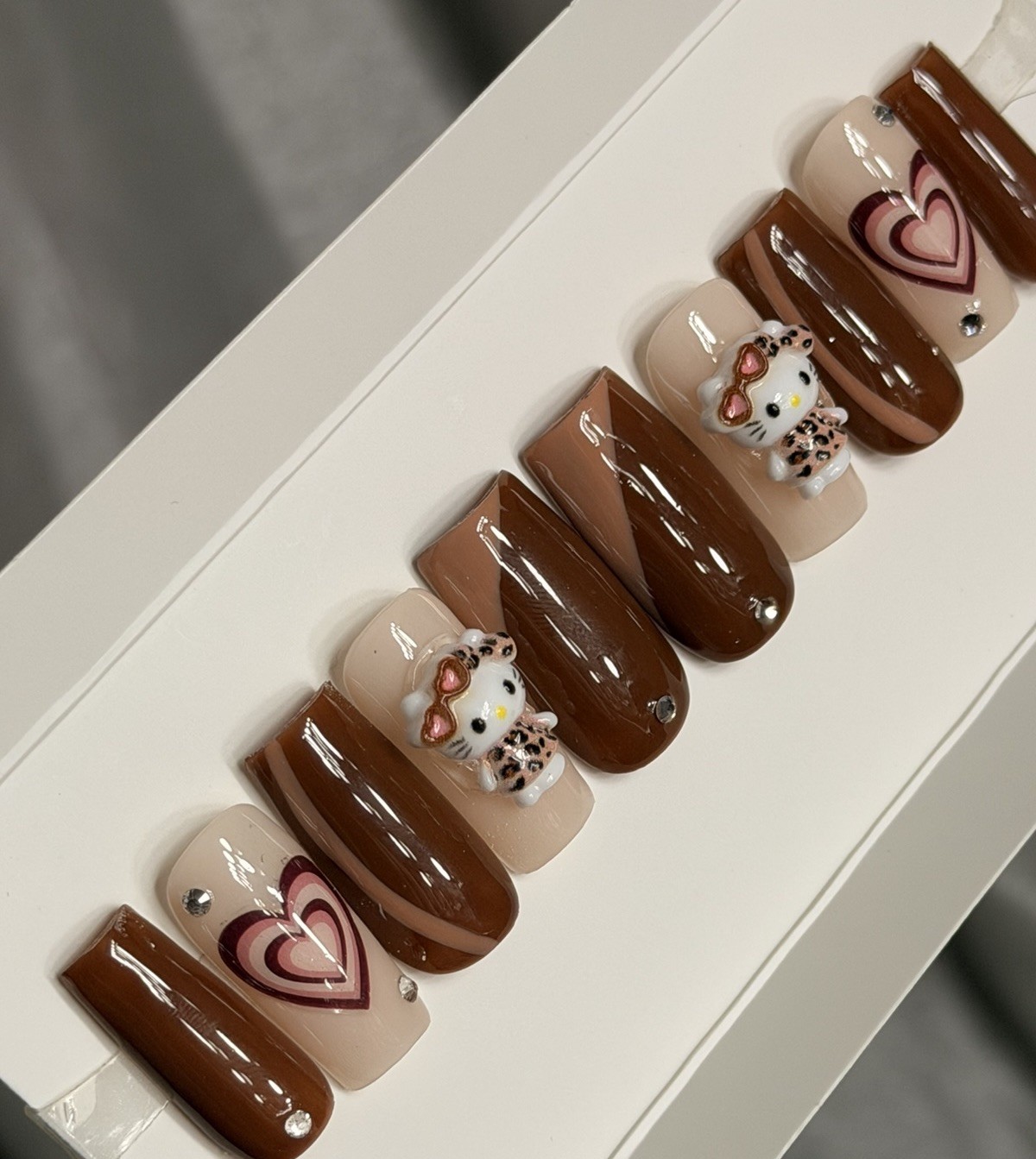 ✨ CUSTOM Press On Nails Brown Nude HELLO KITTY BLING 10p SET W Kit
