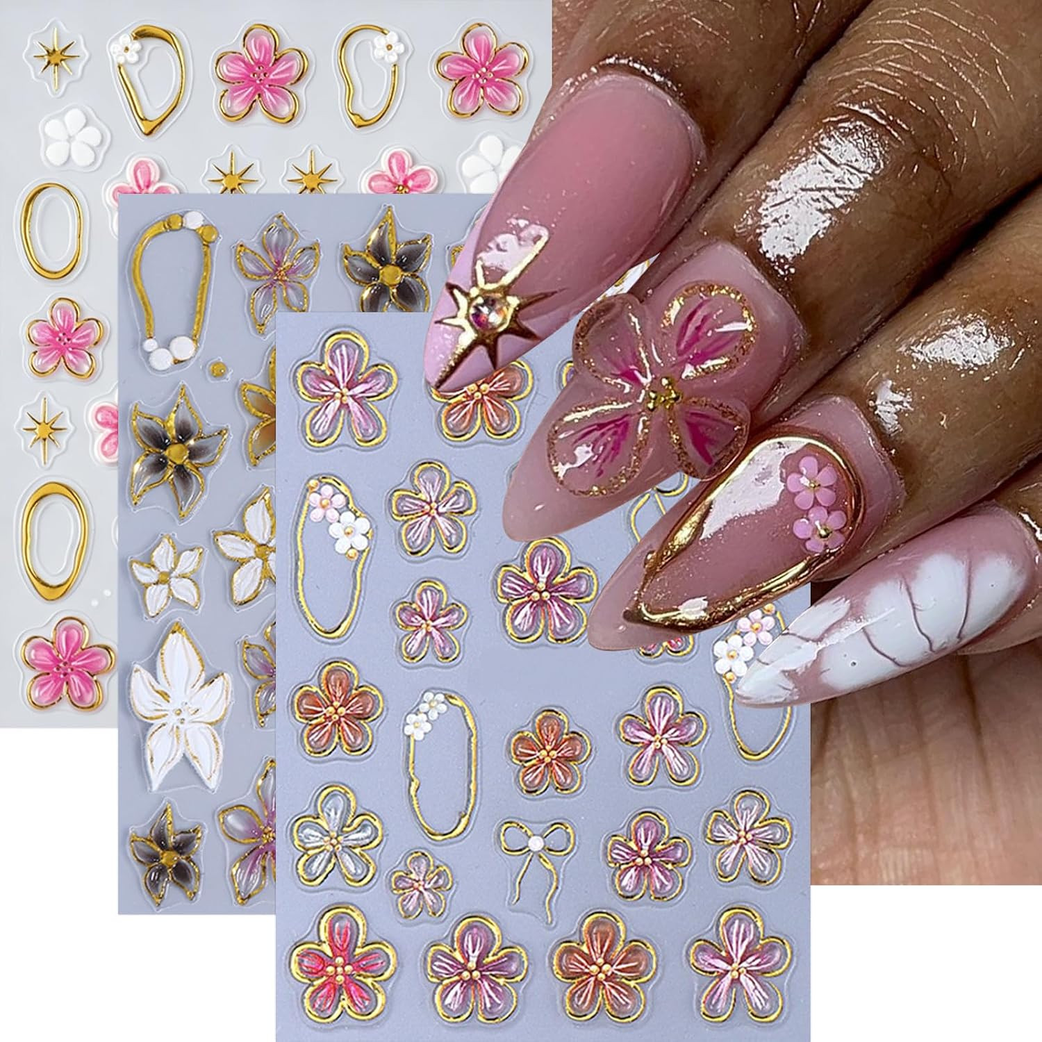 3 Sheets Flower Nail Stickers 5D Embossed Lily Flower Stickers for Nails Hibiscu