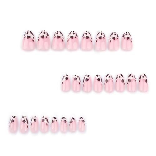 24Pcs Short Press on Nails Cute Almond Fake Nails Cow Pattern Design French A14