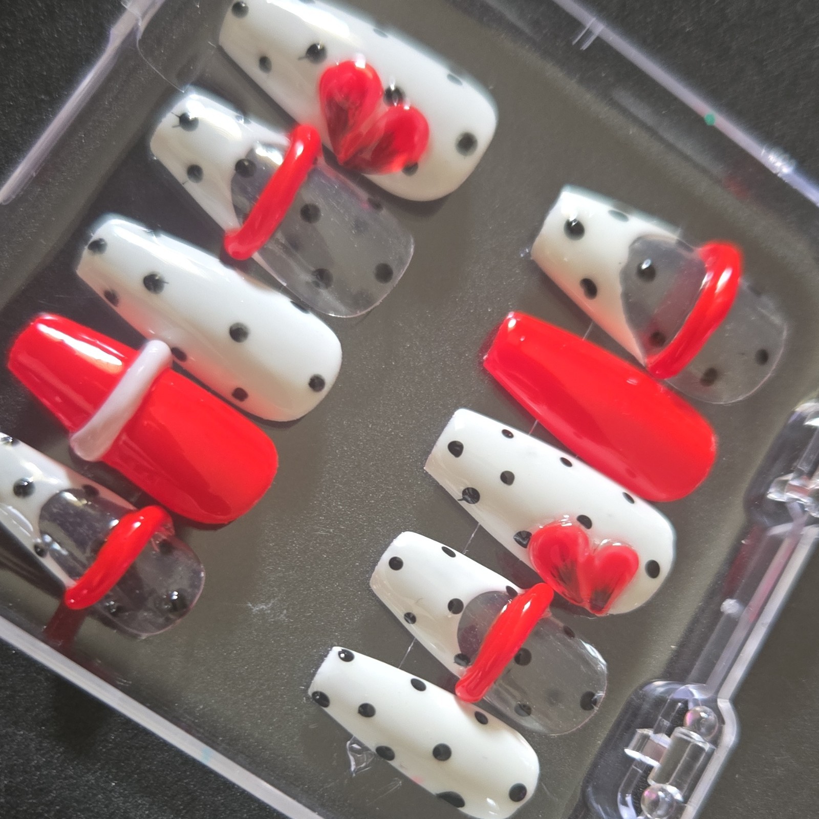 Artificial Nails Full Cover Square Medium Glossy Polka Dot White Red Black