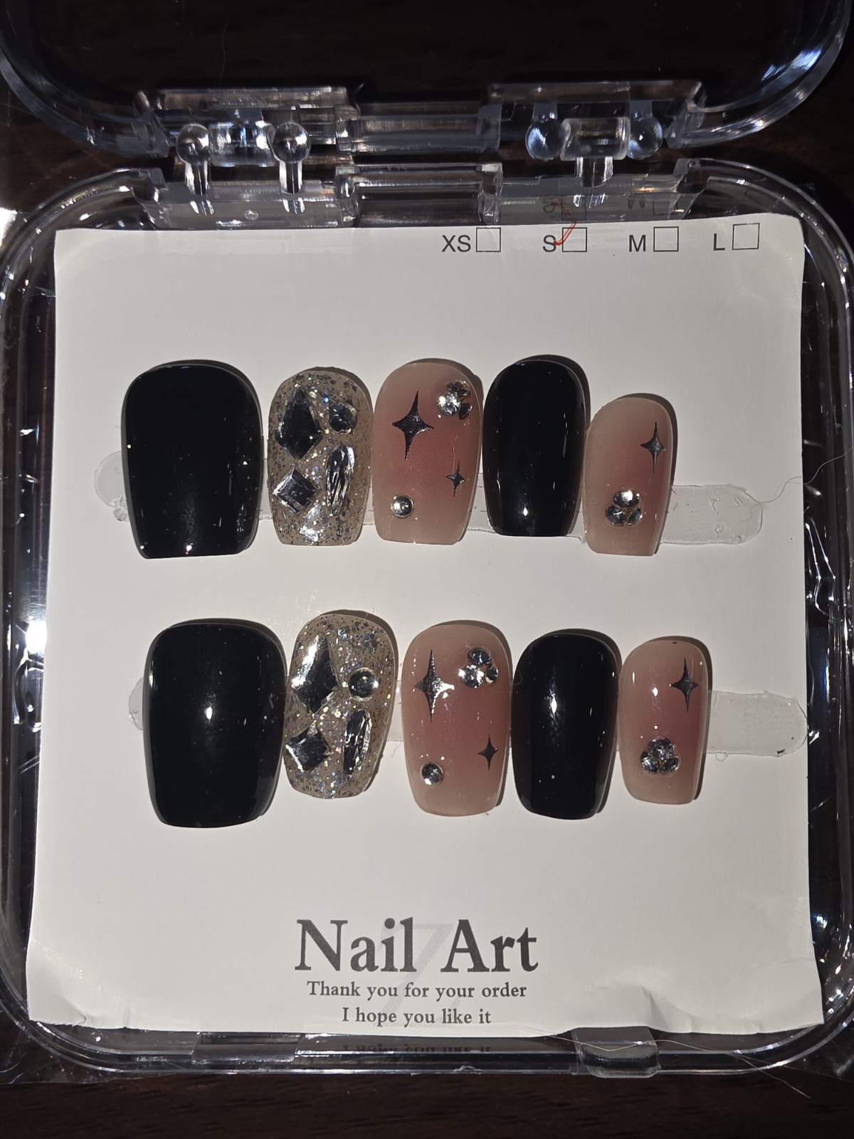 Square Press on Nails Short Fake Black Pink Silver Designs Handmade S Small
