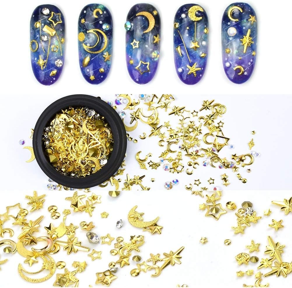Gold Nail Studs Gems Sparkle Rhinestones Metal Rivets Charms Hollow Moon Star…