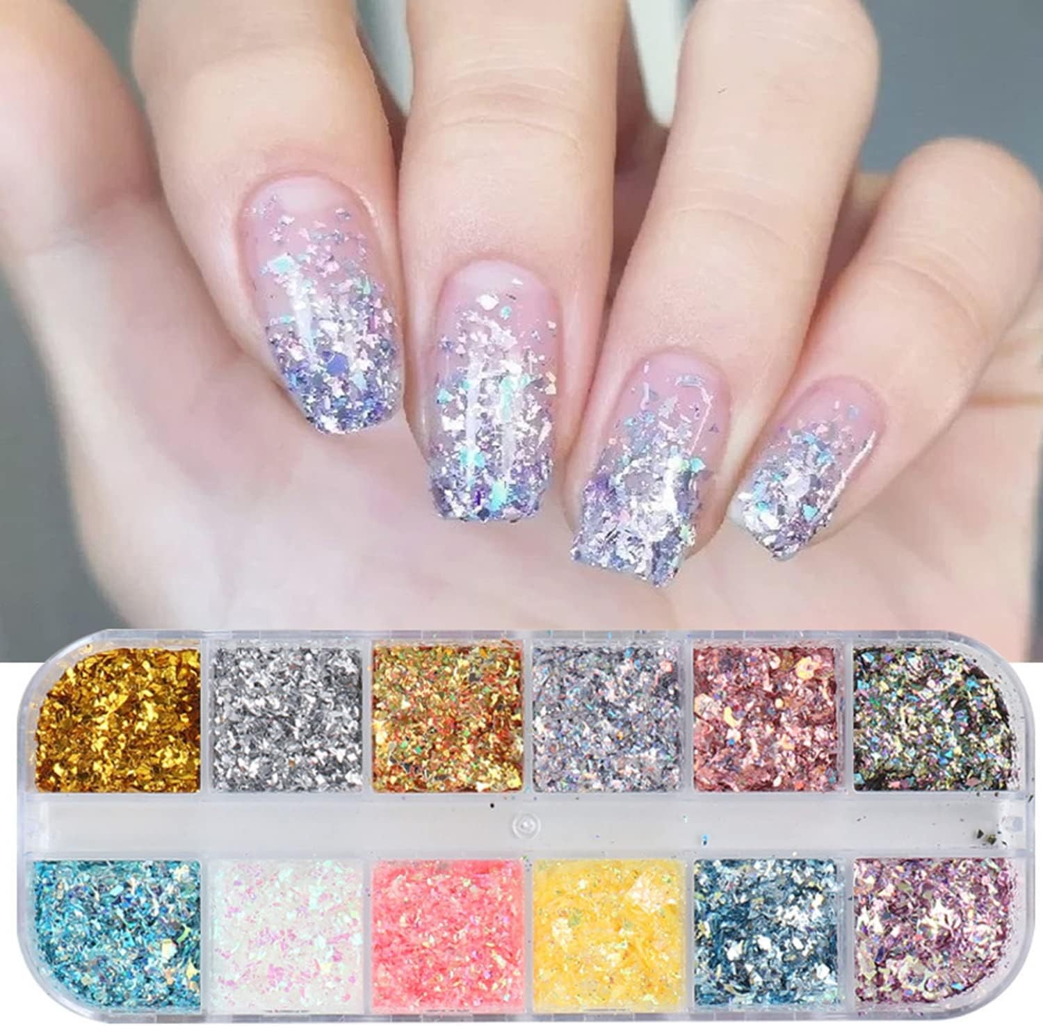 12 Colors Holographic Glitter Flakes Irregular Shiny Sequins for 3D Acrylic Nail