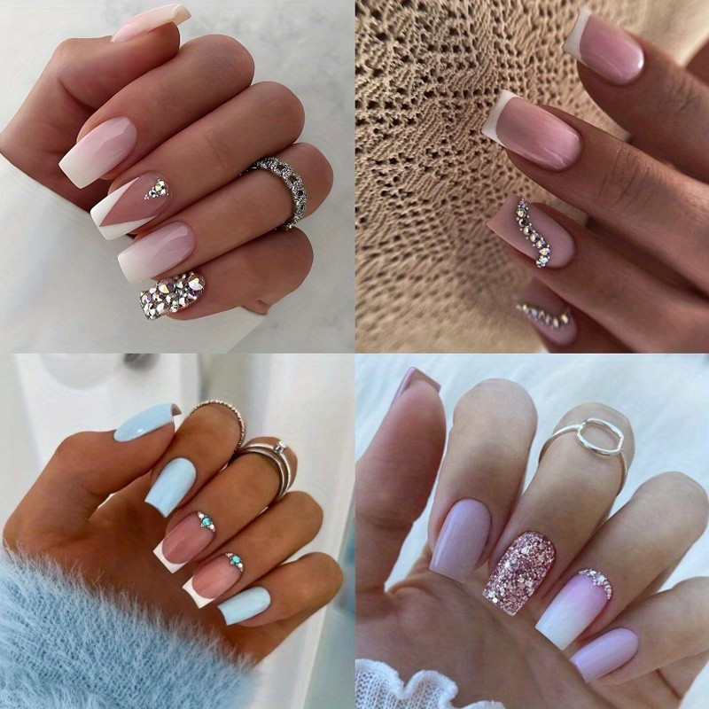 96PCS Elegant Gradient Press On Nails Rhinestone Decor Manicure for Office Daily