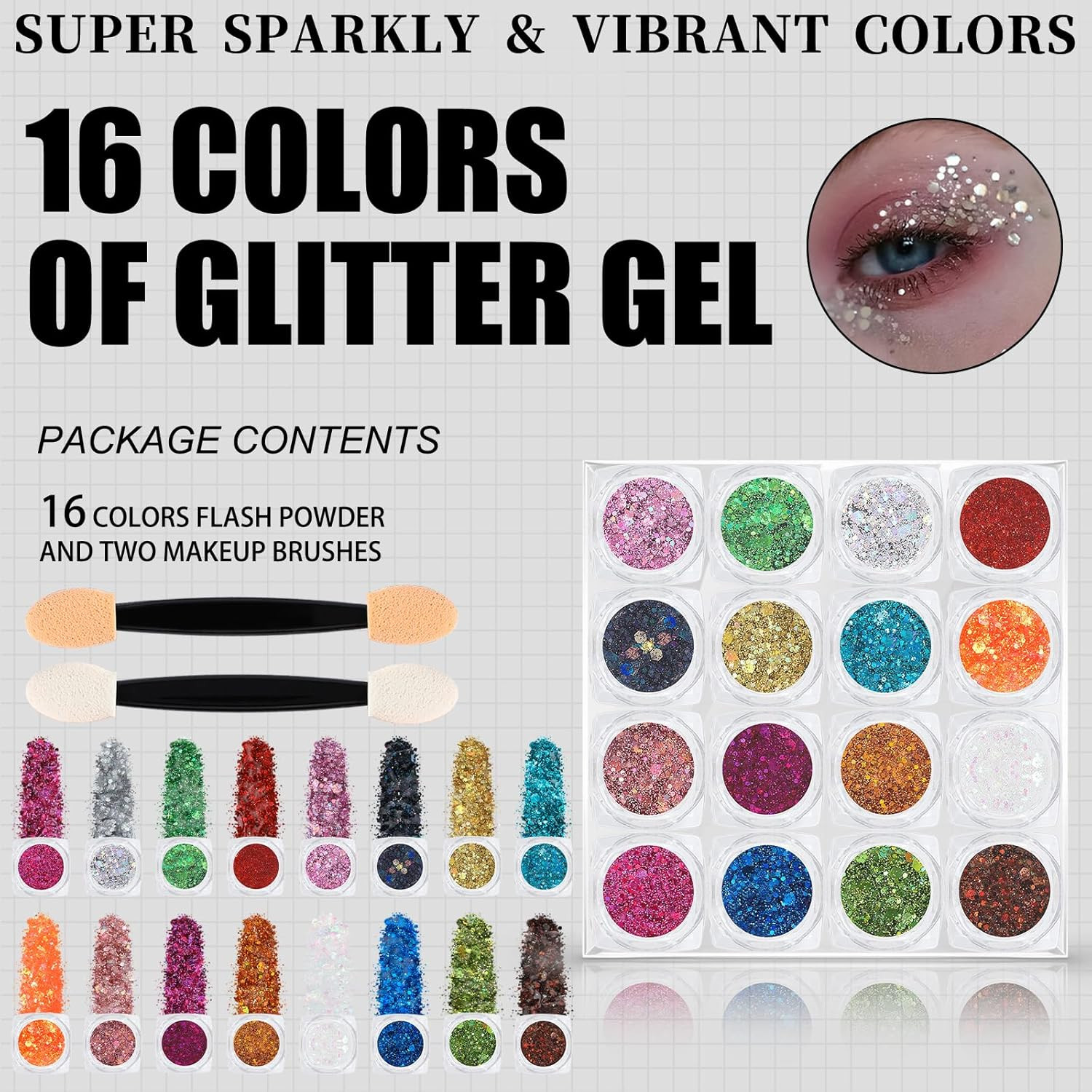 16 Colors Chunky Fine Mixed Holographic Glitter Gel Set for Face and Body Makeup