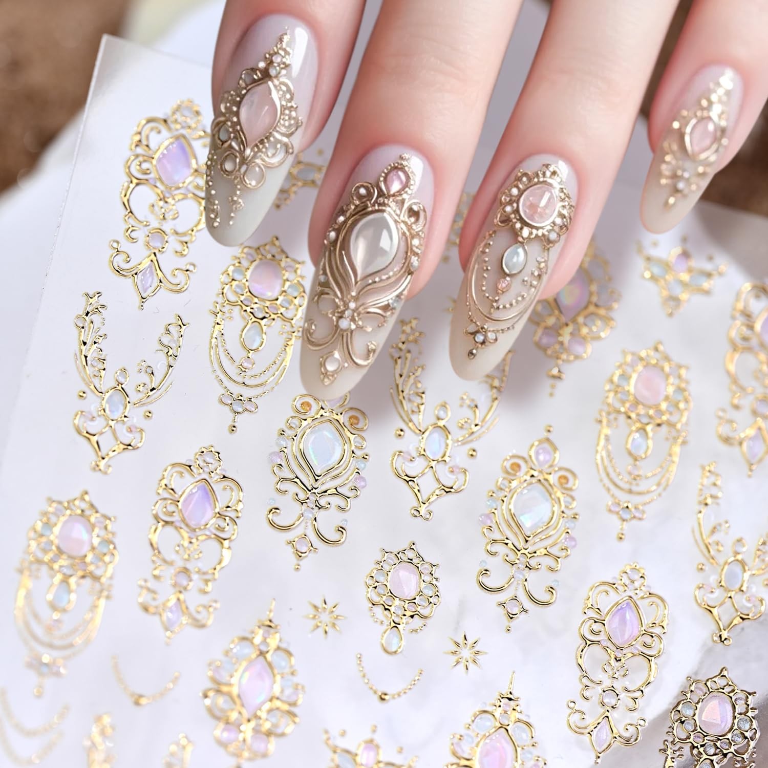 5D Embossed Gemstone Nail Stickers Gold Art Decals with Style-1
