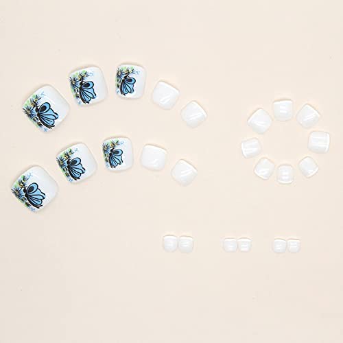 Press on Toenails with Butterfly Designs, Square Full Cover Butterfly and White