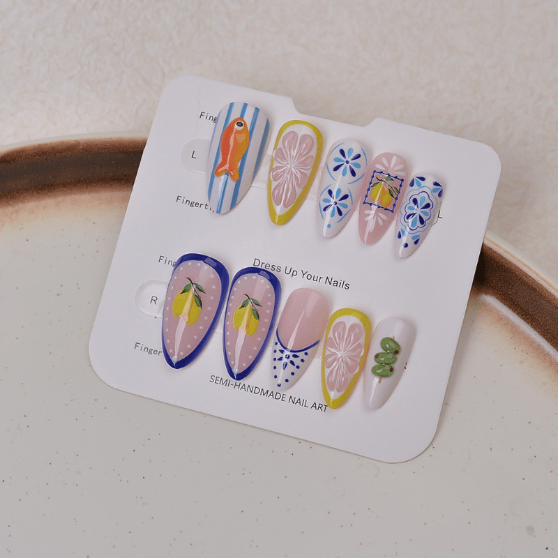 48pcs Oval Press on Nails, Blue White Lemon Fish 3D Hand Paint Summer Nails
