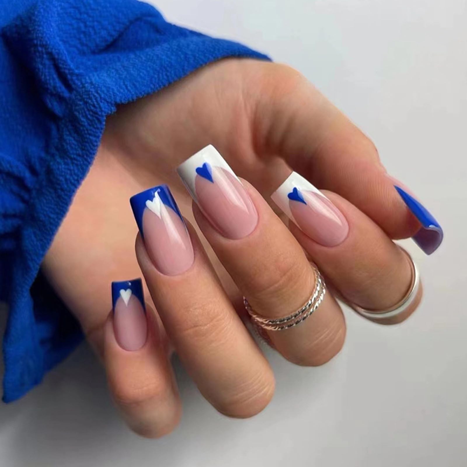 Press on Nails Short Medium Square Nails 24 Pcs, French Blue White Fake Nails…