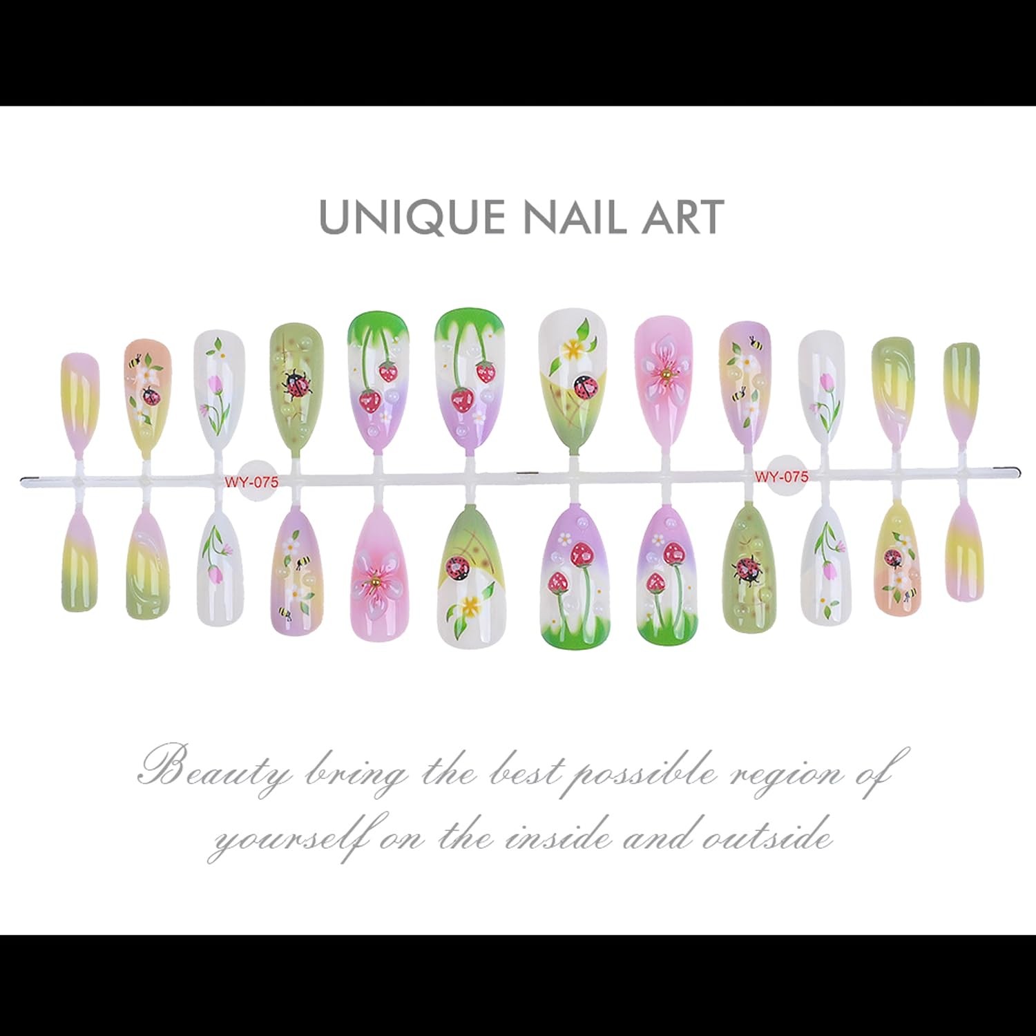 24Pcs Summer Flower Press on Nails Medium Kit Colorful – 3D Ladybug, Strawber…