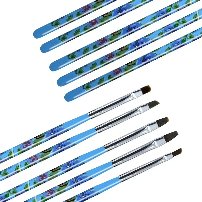 5Pcs UV Gel Nail Brush Set, Floral Handle Flat & Angled Nail Art Brushes, Blue